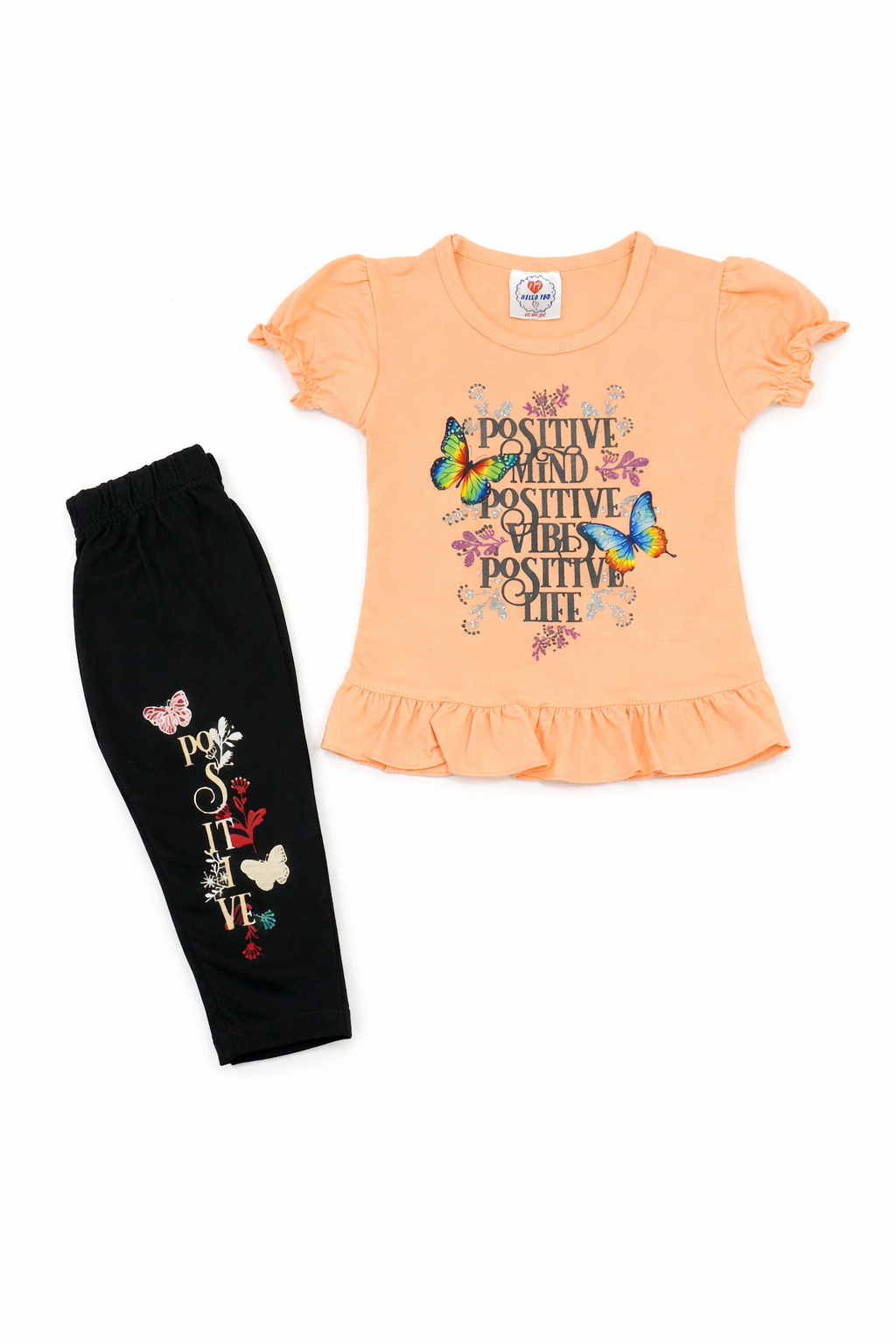 Girls Positive Vibes Graphic Top & Black Printed Leggings – Trendy 2 Piece Outfit for Kids