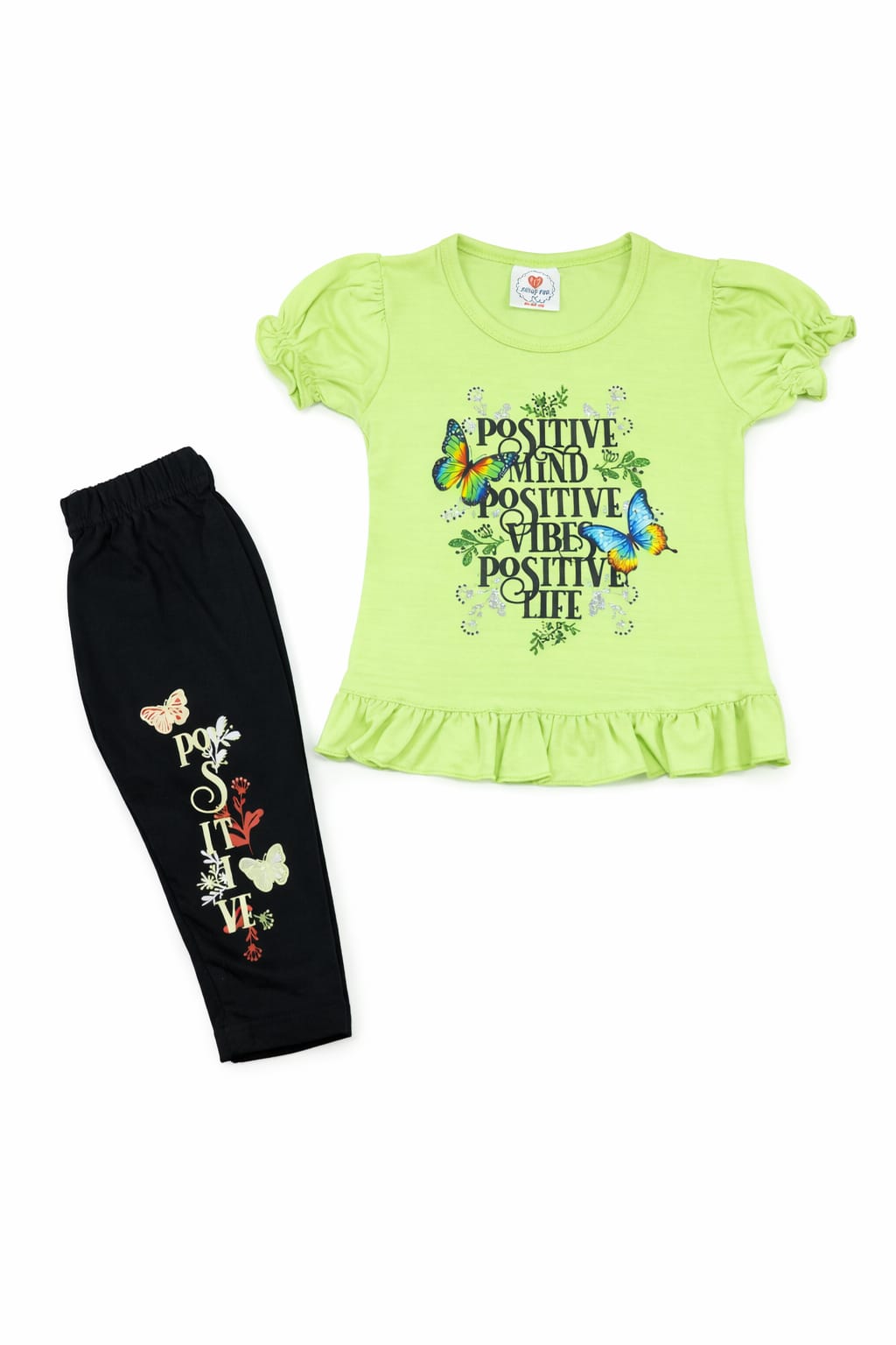 Girls Positive Vibes Graphic Top & Black Printed Leggings – Trendy 2 Piece Outfit for Kids